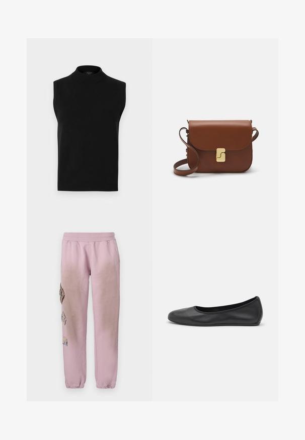 Fekete ujjatlan garbó felső sima kötésű anyagból, magas gallérral és bordázott aljjal, sokoldalú a rétegezéshez.; Rózsaszín melegítőnadrág elasztikus derékkal, bal oldalon gyémánt alakú dekoratív foltokkal és elasztikus szárakkal az bokákon.; Fekete bőr balettcipő lekerekített orral, sima tekstúrával, minimális varrással és rugalmas talp kialakítással.; Barna bőr kézitáska, hajtókás zárással, arany színű fém kiegészítőkkel, vállpánttal és sima felülettel. Kompakt téglalap alakú.