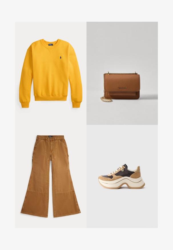 Gul genser med ribbestrikkede mansjetter og kant, rund hals og en liten blå logo på brystet. Laget av mykt bomullsmateriale.; Brune vide bukser i bomull med lappdetaljer, knappelukking og skrå lommer foran. Jevn tekstur, avslappet design.; Chunky sole sneaker i beige og mørk brun med suedesatser, hvite snøringer og en liten gull MK-charmside.; Brun teksturert lær crossover-veske med gullkjede-stropp og klaffelukking. Fronten har logo-detalj og en lomme under klaffen.