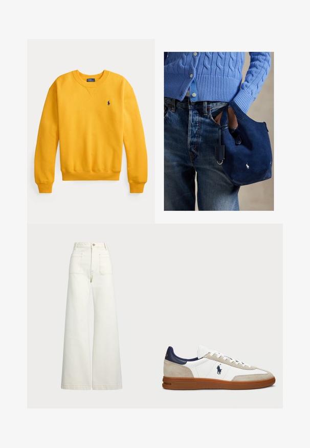 Sárga pulóver bordázott mandzsettákkal és szegéllyel, kerek nyakkivágással és egy kis kék logóval a mellkason. Puha pamut anyagból készült.; Széles szárú farmernadrág off-white denim anyagból. Magas derekú dizájn, gombos záródással, két elülső zsebbel és kontrasztos varrási részletekkel.; Fehér és bézs sportcipők velúr és bőr felsőrésszel, sötétkék részletekkel és barna gumitalppal. Oldalán logó található, fűzős kialakítással.; Tengerészkék színű velúr kézitáska puha tapintással, dupla fogantyúval és egy kis csatolt címtáblával. Az elülső részén fehér logó látható, az alja pedig lekerekített.