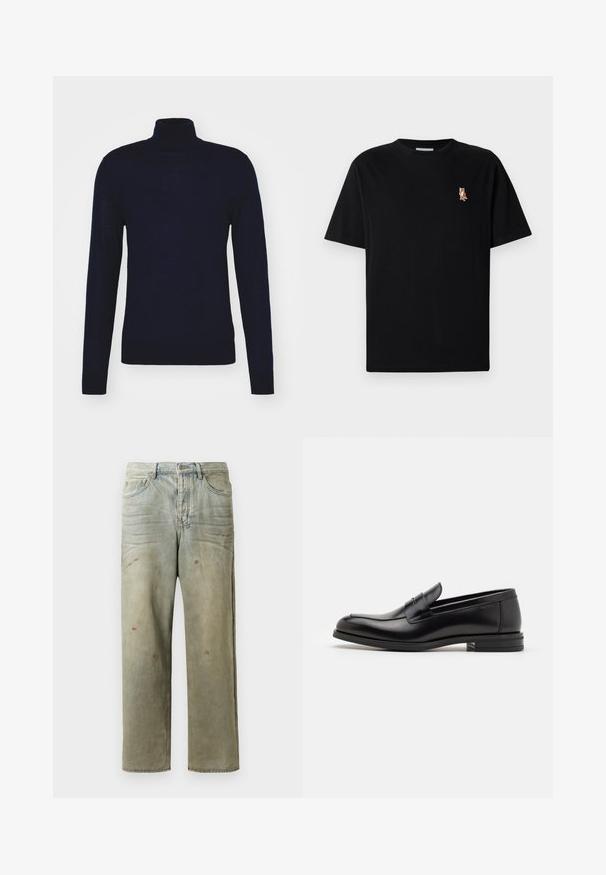 Tiger of Sweden NEVILE - Jumper - light ink; Black short-sleeve crew neck t-shirt with small embroidered orange fox logo on left chest.; Distressed denim jeans in light green, featuring a straight leg, five-pocket design, and uneven fading with paint splatters.; Black leather loafers with a smooth texture, rounded toe, and a decorative strap across the vamp. Low stacked heel, minimalist design.