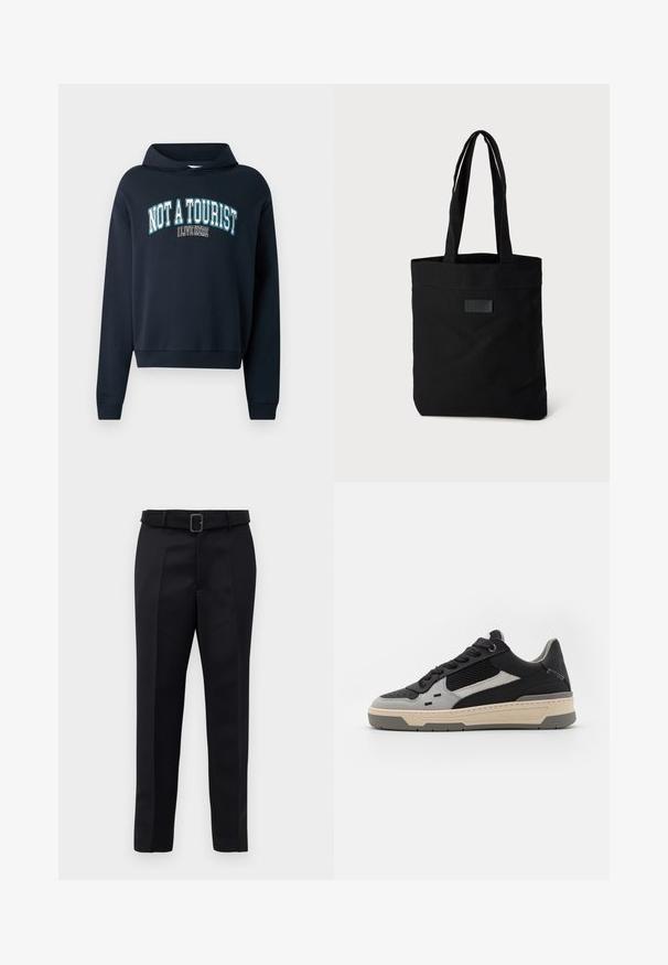 Námořnická modrá zkrácená mikina s kapucí. Obsahuje textový grafický prvek "NEJSEM TURISTA, BYDLÍM TADY" v světle modré a bílé. Hladké manžety.; Černé oblekové kalhoty mají hladkou tkaninu, rovný střih a pas s opaskem a obdélníkovou sponou. Výrazné přední záhyby zvýrazňují design.; Tenisky s černými a šedými panely, texturovanou síťovinou, hladkou kůží a krémovou gumovou podrážkou s minimalistickým designem.; Černá plátěná taška s dvěma uchy, s plochým vrchem, texturovaným povrchem a malým raženým logem na přední straně.