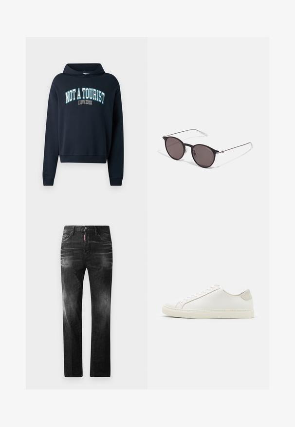 Navy blue cropped sweatshirt with a hood. Features a text graphic "NOT A TOURIST I LIVE HERE" in light blue and white. Ribbed cuffs.; Black denim jeans with a straight fit. Features faded areas, minor distressing, classic five-pocket design, and a button closure.; White leather sneaker with a smooth surface, round toe, and minimalistic design. Features beige accents on the heel and a rubber sole.; Black round sunglasses with dark lenses and slim metal arms. Includes clear temple tips and silver accents at the hinge. Minimalist design.