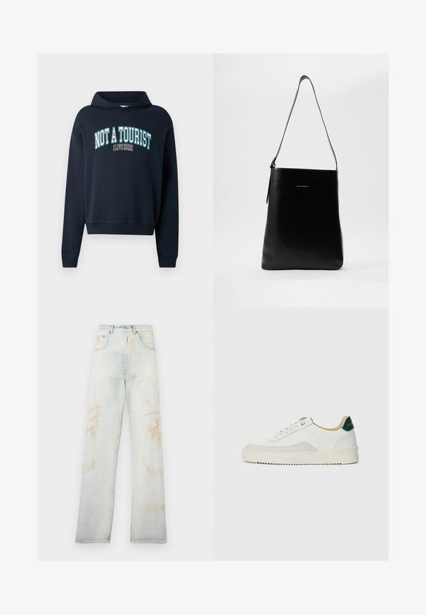 Tengerészkék, cropped kapucnis pulóver. A világoskék és fehér színű "NEM TURISTA, ITT LAKOM" feliratú grafika díszíti. Rugalmas mandzsetták.; Világoskék farmernadrág magas derékkal, széles lábakkal és enyhe kopott foltokkal. Hagyományos öt zsebes kivitel és fém díszítések jellemzik.; Fehér sneaker suédé részletekkel, kerek orral, lapos fűzőkkel és krémszínű gumitalppal. Zöld logó található a sarkán.; Fekete bőrtáska sima textúrával, téglalap alakú, hosszú pánttal; a közepén egy kis fehér logó található.