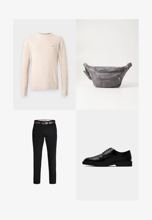 Beeži pikki varrukatega kootud sviater, millel on ümar kaelus ja väike pruun tikand vasakul rinnal, esitatud lihtsal taustal.; Mustad puuvillased püksid sirge lõikega, millel on pruun nahkrihm ja sile tekstuur. Lihtne disain, nähtavaid mustreid või aktsente pole.; Mustad musta nahast kleitking, millel on sile viimistlus, ümmargune varvas, nööriga disain ja tagasihoidlik kummist tald haardeks.; Hallikate nahast vöö kott, millel on ümar kuju, kaks tõmblukuga taskut ning reguleeritav rihm. Varustatud metallist detailide aktsentidega.