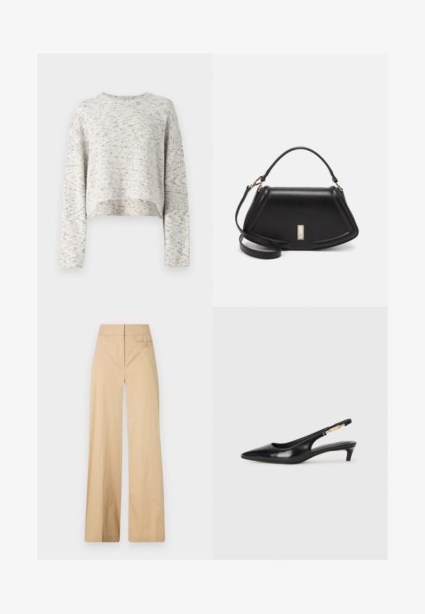 Vaaleanharmaa, lyhyt neuletakki pitkillä hihoilla, teksturoitu neulekuvio ja hienovaraisia tummempia viiruja kauttaaltaan. Pyöreä pääntie ja rento malli.; Hiekanväriset leveälahkeiset housut, jotka on valmistettu puuvillasekoituksesta. Niissä on sileä pinta, joustava vyötärö ja sivunappidetail.; Mustat nahkaiset slingback-korkokengät, joissa on terävä kärki, ohuet korot ja kultasävytteinen yksityiskohta säädettävässä hihnassa. Silkkinen pinta.; Mustalla nahkalaukulla, jossa on jämäkkä muotoilu, lyhyt malli, yläkahva ja kultaiset yksityiskohdat. Säädettävä olkahihna sisältyy.