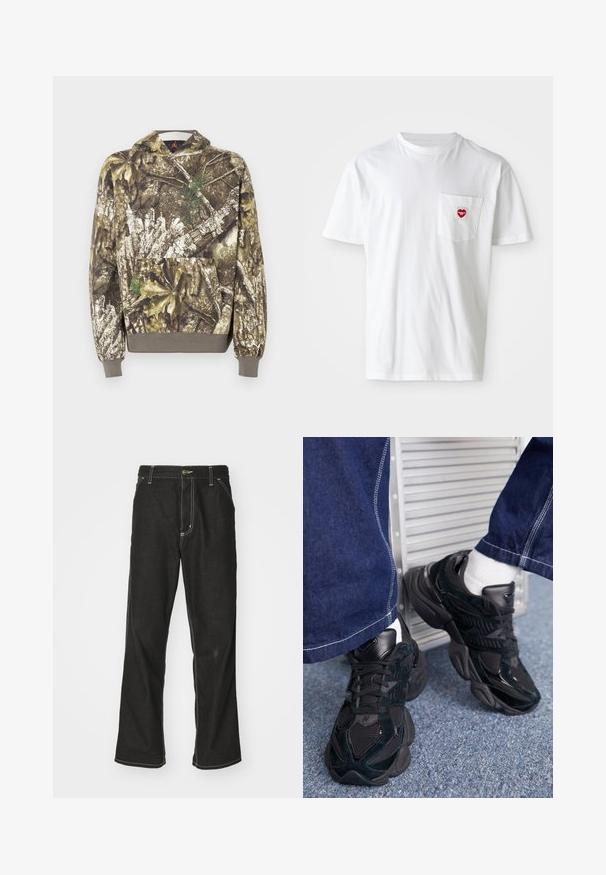 Kamufliažinė gobtuvinė striukė su tekstūruotu audiniu, kuriame dominuoja žemės tonai - ruda ir žalia, puošta lapų ir žievės detalėmis, ir su priekinėmis kišenėmis.; Balta medvilninė marškinių suapvalintu kaklu ir trumpomis rankovėmis. Ant kairio krūtinės kišenės yra mažas raudonas širdelės logotipas.; Juodi džinsai su laisvu siluetu, turintys kontrastingas balto siūlo siūles, mygtuko uždarymą ir tiesų kojos dizainą.; Juodi sportbačiai, kuriuose derinamos tekstūruotos ir lygios medžiagos, išryškinta raištelių sistema ir masyvus padas, derinami su tamsiomis džinsinėmis kelnėmis.