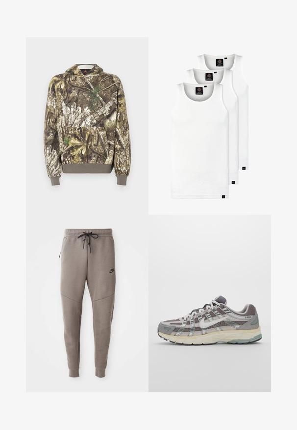 Kamera mintás kapucnis pulóver texturált anyagból, földszínekben: barna és zöld árnyalatokkal, levelek és kérgesség mintázattal, és elülső zsebbel.; Három fehér csíkos pamut trikó. Felső része kerek nyakkivágású, és a szegély közelében kis fekete címkék találhatók. Több méretben elérhető.; Szürke Nike melegítőnadrág húzózsinórral a deréknál, keskeny lábakkal, oldalsó zsebekkel és jellegzetes varrás részletekkel. Puha, texturált anyag.; Szürke sportcipő, hálós és velúr felsőrésszel, fehér részletekkel, párnázott talppal és jellegzetes dizájnnal, amely visszaverő elemeket tartalmaz.