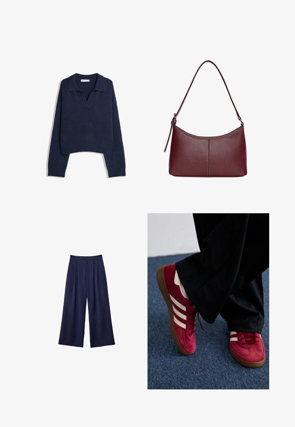 Marinblå stickad långärmad tröja med ribbad nederkant och ärmslut, samt en öppen krage.; Marinblå vida byxor med veck, knappad midja och bälteshällor, visade liggande på en vit bakgrund.; Röda mockasko med vita ränder, snörningsdesign och en strukturerad brun gummisula. Bärs med svarta byxor, mot en blå matta.; Vinröd läderhandväska med en böjd form, en enkel axelrem och sömnadsdetaljer i mitten. Slät textur, minimal hårdvara.