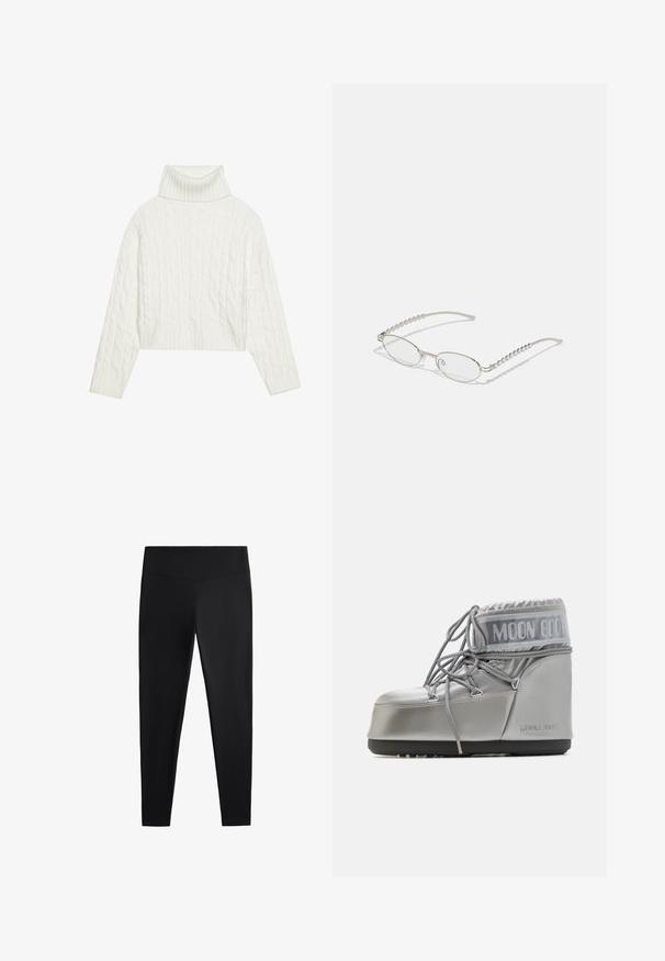 Bijela pamučna turtleneck vesta s rebrastim dizajnom i skraćenim krojem, koja ima rebraste manžete i rub. Mekana tekstura s udobnim, debelim dizajnom.; Crne tajice izrađene od glatkog, rastezljivog materijala. Imaju široki pojas i suženi kroj nogavica, pogodne za aktivno ili ležerno nošenje.; Srebrna vodootporna čizma s zaobljenim oblikom, teksturiranom površinom i sivim vezicama. Ima istaknuti logotip "MOON BOOT" na gornjem dijelu.; Ovalne naočale s metalnim srebrnim okvirom, prozirnim staklima i teksturiranim bisernim detaljima na krakovima. Lagani dizajn s zakrivljenim krakovima.
