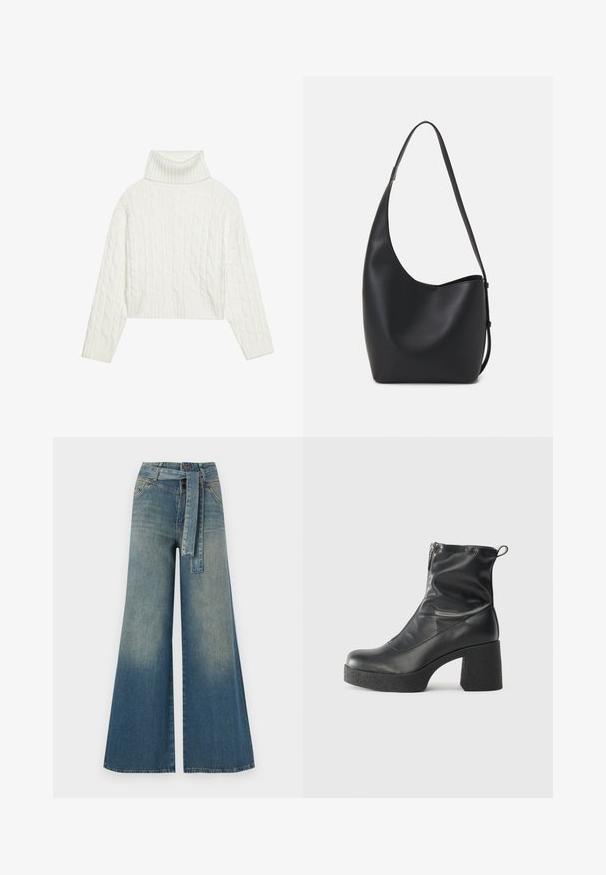 Balta adīta turtleneka džemperis ar īsu siluetu, ar ribotām piedurknēm un apakšmalu. Mīksta tekstūra ar ērti, masīvu dizainu.; Platām kājām džinsu bikses ar gaismas līdz tumši zilam gradientam, augstu jostas līniju, jostas cilpām un atbilstošu auduma jostu. Tekstūrēts džinsas apdare.; Melni potītes zābaki, kas izgatavoti no gludas ādas, ar sānu rāvējslēdzēju, masīvu strukturētu papēdi un noapaļotu purngalu.; Melnas ādas hobo soma ar gludu tekstūru, izliekta forma un vienu regulējamu jostu; augšā ir plaša atvere.