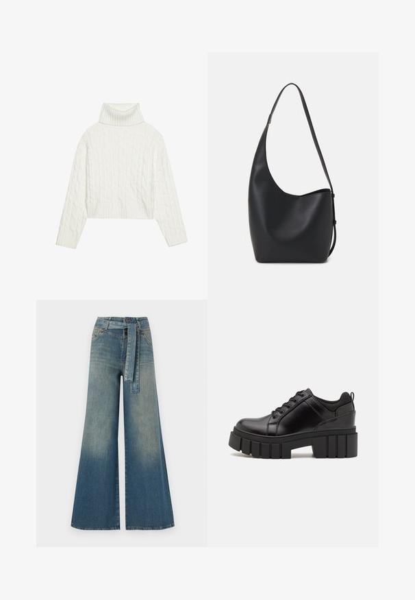 White cable-knit turtleneck sweater with a cropped silhouette, featuring ribbed cuffs and hem. Soft texture with a cozy, chunky design.; Wide-leg denim trousers featuring a light to dark blue gradient, high waist, belt loops, and a matching fabric belt. Textured denim finish.; Black leather platform shoes with a chunky block heel, round toe, and traditional lace-up design. Features smooth texture and minimal detailing.; Black leather hobo bag with a smooth texture, curved shape, and single adjustable strap; features a wide opening at the top.