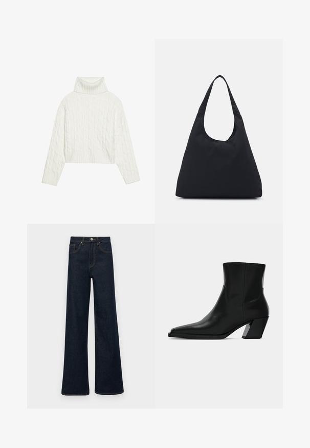 Fehér kötött garbó pulóver, cropped fazonnal, bordás ujjak és alj található rajta. Puha tapintású, kényelmes, vastag dizájnnal.; Sötétkék, bársonydzsemka széles lábú farmernadrág elülső zsebekkel, övhurkokkal és gombos zárással.; Fekete bőr bokacsizma hegyes orral, elegáns sziluettel és vastag négyzetes sarokkal. Simább textúrájú, minimális varrási részletekkel.; Fekete szövet táska egyetlen, széles vállpánttal. Puha, félstruktúrált forma és sima textúra; minimális dizájn, látható fémalkatrészek nélkül.