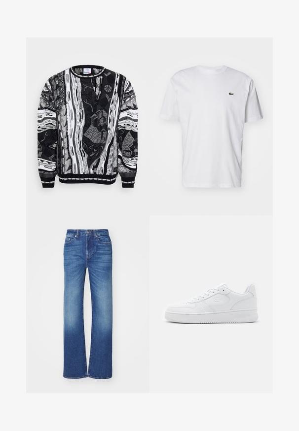 Zwart-wit trui met complexe patronen, zoals stadsgezichten en abstracte ontwerpen. Gebreide textuur met geribde manchetten en halslijn.; Witte katoenen T-shirt met een ronde hals, korte mouwen en een klein groen geborduurd logo op de borst. Klassiek recht fit ontwerp.; Blauwe denim jeans met een rechte pijpdesign, voorzien van een vervaagd effect, vijf zakken en een knoop- en ritssluiting bij de taille.; Witte leren sneaker met geperforeerde neus, platte veters en gevoerde kraag. Voorzien van een geperst logo aan de zijkant en een getextureerde rubberen zool.