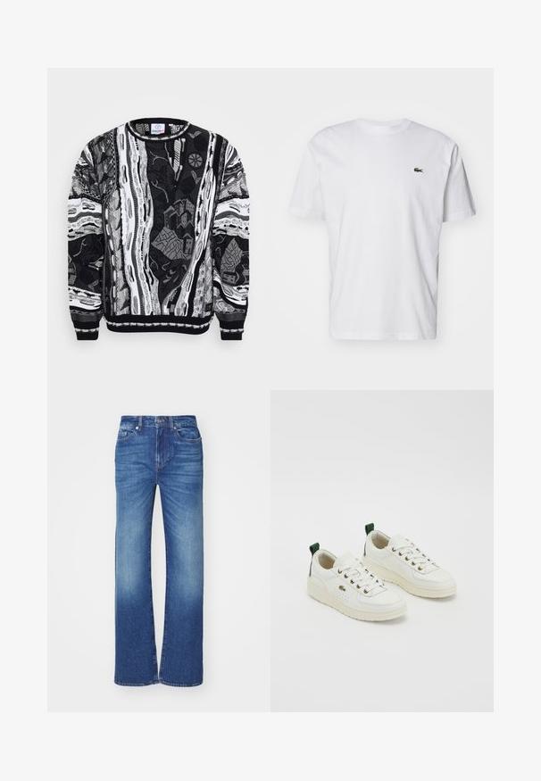 Pulover alb-negru cu modele complexe, ce prezintă peisaje urbane și designuri abstracte. Textură tricotată, cu manșete și guler cu nervuri.; Cămașă albă din bumbac, cu guler rotund, mâneci scurte și un mic logo brodat verde pe piept. Design clasic cu croi drept.; Jeans din denim albastru cu un design drept, cu un efect de decolorare, cinci buzunare și închidere cu nasture și fermoar la talie.; Adidași albi din piele, cu accente verzi, design cu șireturi, ochiuri aurii și panouri texturate. Talpă groasă de cauciuc de culoare crem.