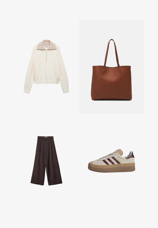 Cremfarbener Pullover mit gerippter Struktur, halber Reißverschluss und kontrastierendem beigen Kragen. Lange Ärmel und elastischer Saum.; Schwarze, weit geschnittene Hose mit hoher Taille, ausgestattet mit vorderen Falten und einem Knopfverschluss an der Taille, aus glattem Stoff gefertigt.; Beige Wildledersneaker mit maroonfarbenen Streifen, weißen Akzenten, einer klobigen, transparenten Sohle und hervorgehobenem Branding an der Seite. Schnürdesign.; Braune Leder-Tote mit glatter Textur, offenem Oberteil und zwei Schulterriemen. Verfügt über minimale Nähte und keine sichtbaren Beschläge.