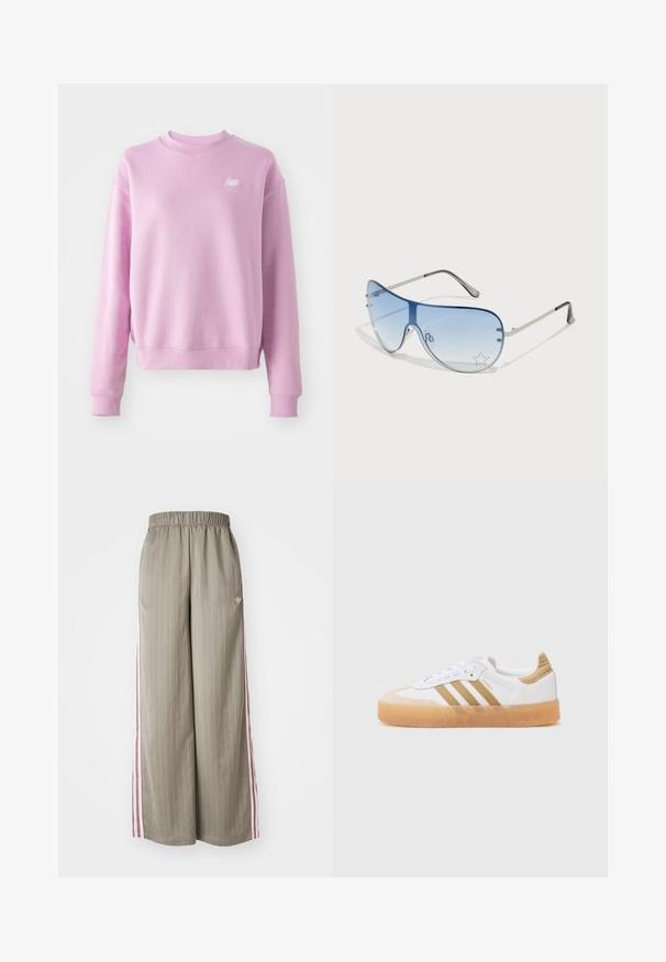 Růžová mikina s kulatým výstřihem, zdrsněnými manžetami a lemem, a malým bílým logem na levém prsu. Měkká tkanina a volný střih.; Světle olivově zelené široké kalhoty s vertikálními pruhy, elastickým pasem a růžovými bočními pruhy. Obsahují malé logo na boku.; Bílé tenisky s béžovými akcenty, obsahující tři pruhy, zaoblenou špičku a průhlednou gumovou podrážku. Hladká kůže a textilní materiály.; Pilotské sluneční brýle s modrými gradientními skly, stříbrným kovovým rámem a dekorativními hvězdnými akcenty na sklech. Hladký a elegantní design.