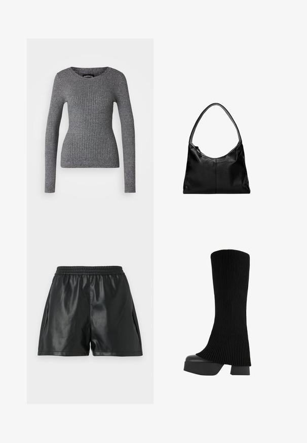 Gray ribbed sweater with long sleeves and a scoop neckline. Made of textured knit fabric, featuring a fitted silhouette.; Black faux leather shorts with an elastic waistband, featuring a smooth texture and loose-fitting design. No visible patterns or accents.; Black knee-high boot with a ribbed fabric upper, chunky platform sole, and block heel, featuring a smooth texture and sleek, modern design.; Black leather shoulder bag with a smooth texture, a curved top, and a single strap. Features a zipper closure and minimalist design.