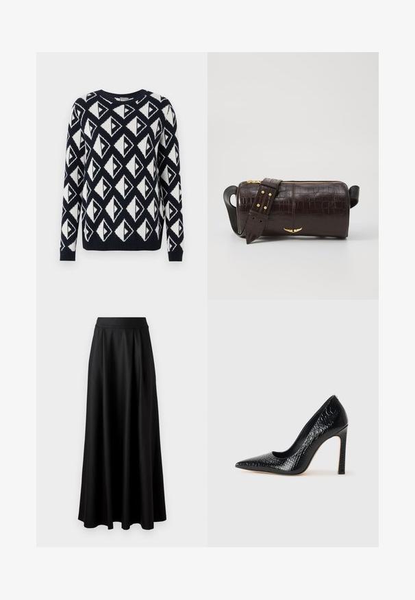 Genähter Pullover in Marineblau und Weiß mit einem geometrischen Dreiecksmuster. Verfügt über einen runden Halsauschnitt sowie gerippte Säume und Ärmelbündchen.; Schwarzer, bodenlanger Rock mit glatter Textur, weitem Bund und plissiertem Design, ohne sichtbare Muster oder Verzierungen.; Schwarzer, spitz zulaufender High Heel mit Krokodilleder-Struktur, elegantem Design, hohem Stiletto-Absatz und glattem schwarzen Innenraum.; Braune, krokodilgeprägte Lederhandtasche mit zylindrischer Form, goldfarbener Hardware und einem abnehmbaren Tragegurt mit Nieten.