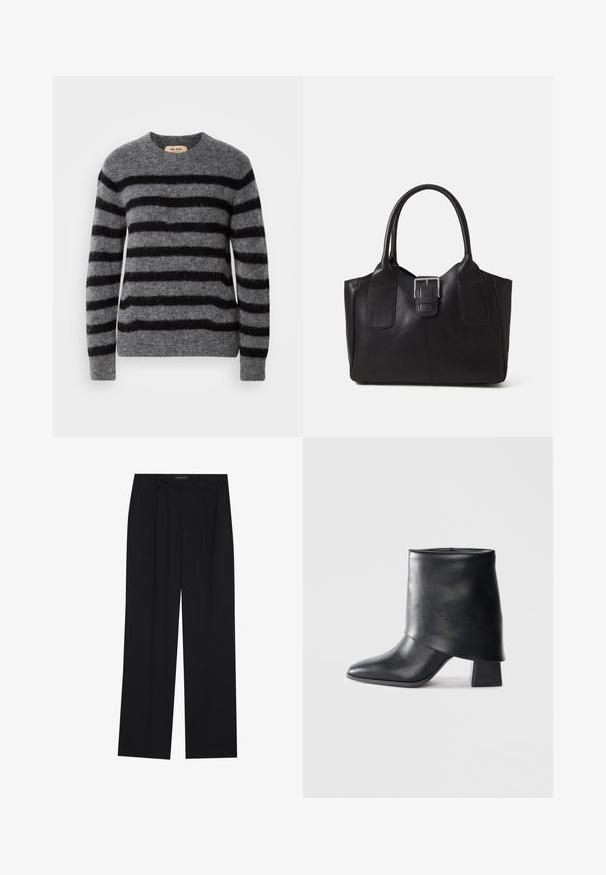 Pulover gri cu dungi negre orizontale, guler rotund, mâneci lungi și o textură moale. Etichetă pe gulerul interior.; Pantaloni negri cu un design drept, dotati cu doua buzunare frontale si un talie. Fabricati dintr-un material usor si neted.; Botine din piele neagră cu vârf ascuțit, textură netedă și toc bloc structurat. Prezintă un design cu manșetă înaltă și pliată.; Geantă tote din piele neagră cu textură netedă, formă structurată, două mânere și un detaliu proeminent din aliaj de argint pe partea din față.
