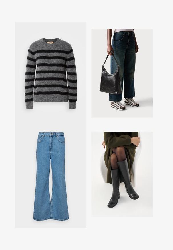 Szürke pulóver vízszintes fekete csíkokkal, kerek nyakkal, hosszú ujjakkal és puha, texturált felülettel. Címke a belső nyakvonalon.; Világoskék, trapézszárú farmernadrág, magas derékkal, öt zsebbel és egy gombos záródással. Puha tapintású, magasított effektusú anyag.; Térdfelett érő fekete bőr csizmák négyzet alakú orral és tömbtalppal, olajzöld kabátban ülő modellel bemutatva. Simaság, minimalista részletezés.; Fekete bőr válltáska sima textúrával és állítható pánttal, melyet elnyűtt, bő szárú farmernadrággal és sportcipőkkel párosítottak.