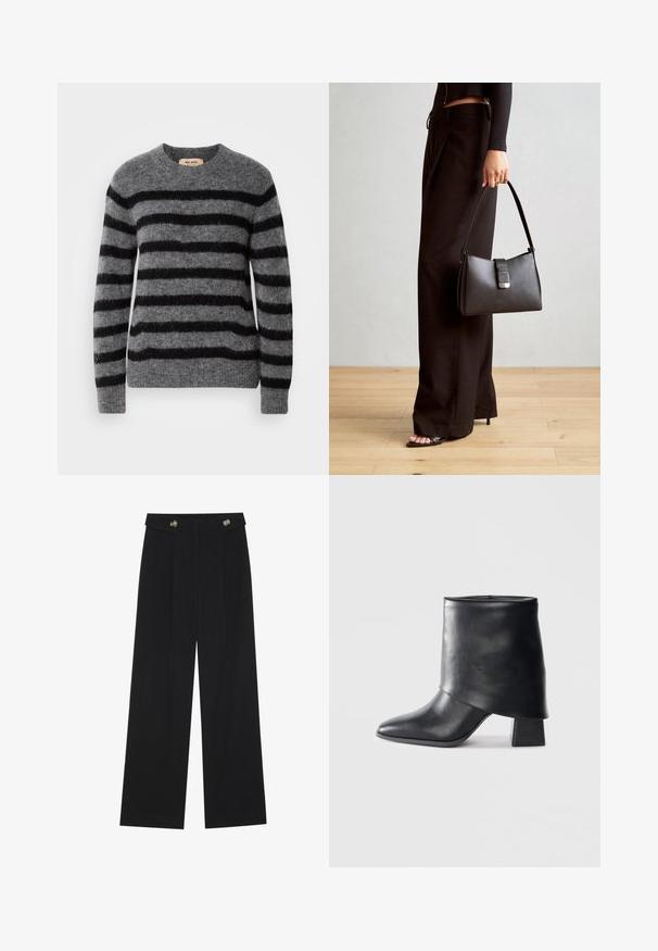 Szary sweter z poziomymi czarnymi paskami, okrągłym dekoltem, długimi rękawami i miękkim, teksturowanym wykończeniem. Metka wewnątrz dekoltu.; Czarne szerokie spodnie z wysokim stanem, z detalami w postaci guzików na pasku oraz plisami z przodu.; Czarny skórzany botek za kostkę z ostrym noskiem, gładką fakturą i wyraźnie zdefiniowanym blokowym obcasem. Posiada wysoki, zwinięty mankiet.; Czarna torebka o usztywnionym kształcie, gładkiej fakturze i metalowym zapięciem. Połączona z szerokimi czarnymi spodniami i sandałami na otwartym palcu na drewnianej podłodze.