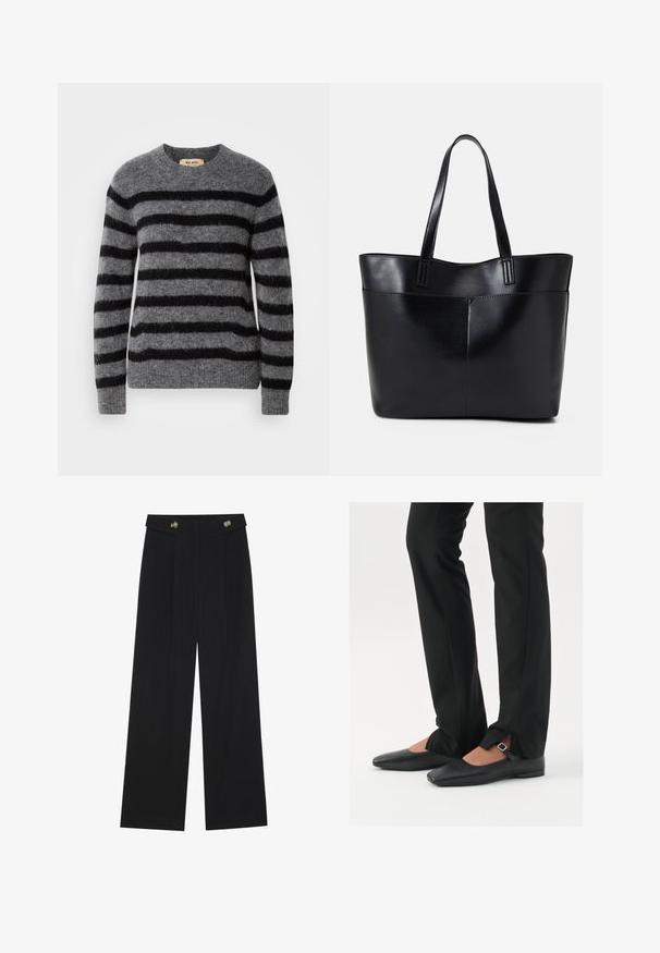 Sweater cinza com riscas horizontais pretas, gola redonda, mangas longas e um acabamento suave e texturizado. Etiqueta no interior da gola.; Calças largas pretas com cintura alta, detalhes em botão na cintura e pregas frontais.; Sapatilhas de balé pretas em couro com bico fino, tira com fivela prateada, combinadas com calças pretas ajustadas com bainha fendida.; Bolsa tote preta em couro com duas alças longas, textura suave e forma estruturada. Apresenta um bolso frontal para armazenamento adicional.