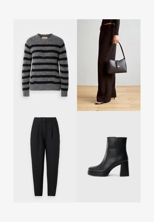 Grå tröja med horisontella svarta ränder, rund hals, långa ärmar och en mjuk, strukturerad yta. Etikett vid insidan av halsringningen.; Svarta byxor med rak passform, med veck fram, en slät textur och sidofickor. Midjan har standardhöjd.; Svart läderankelboot med blockklack och platåsula, sedd från sidan på en enkel vit bakgrund.; Svart handväska med strukturerad form, slät yta och metallspänne. Matchad med vida svarta byxor och sandaler med öppen tå på trägolv.