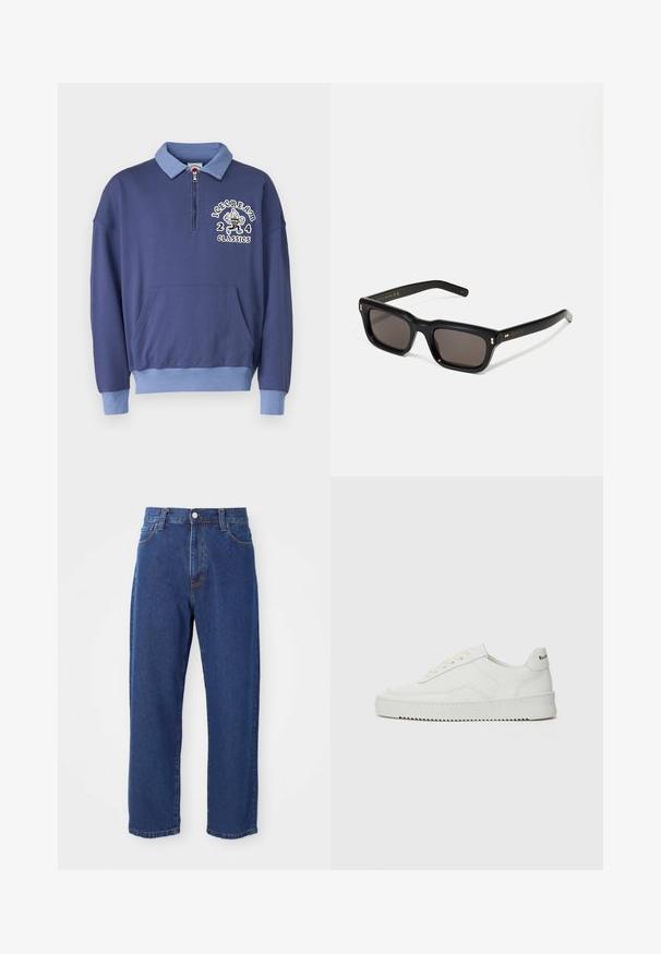 Sudadera de color azul marino con cremallera de un cuarto, cuello azul claro, bolsillo delantero y diseño bordado "ICECREAM 244 CLASSICS".; Vaqueros de tiro alto de algodón, con una silueta de pierna recta, costuras visibles y un cierre de botón en la parte delantera.; Zapatilla de cuero blanca con un acabado suave, puntera redonda, cordones planos y suela texturizada. Cuenta con un sutil logo en el talón.; Gafas de sol rectangulares negras con lentes oscuros, marco de plástico grueso, acentos dorados en las patillas y logotipo de la marca grabado en el brazo.