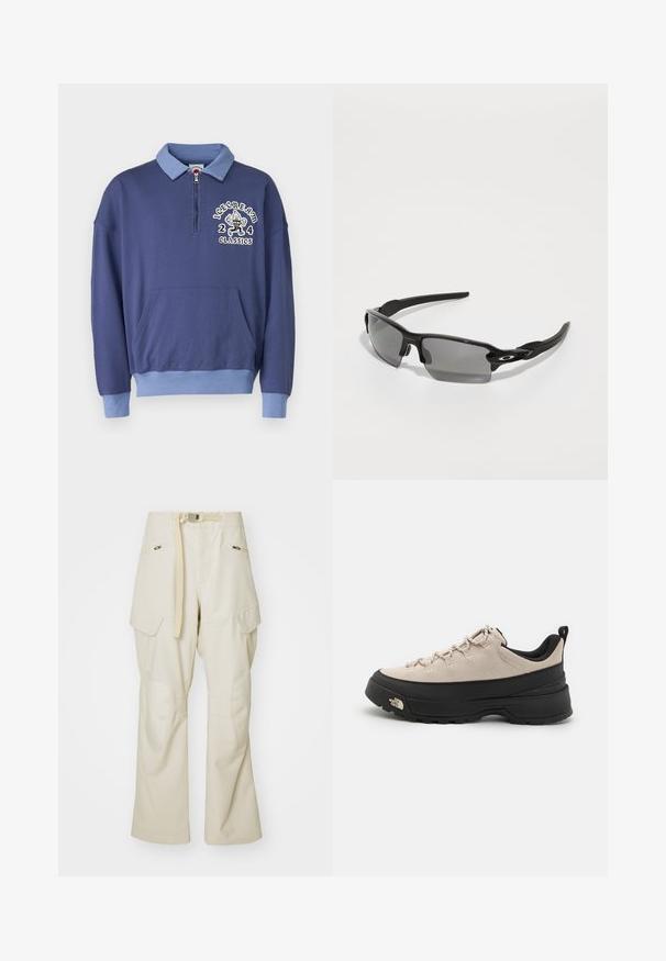 Tengerészkék pulóver, negyed cipzárral, világoskék gallérral, elülső zsebbel és hímzett "ICECREAM 244 CLASSICS" mintával.; Beige munkaruhák széles lábakkal, övvel, két oldalsó zsebbel és térdvédőkkel. Simán textúra megerősített varrási részletekkel.; Beige nubuk túracipő fekete gumitalppal, texturált részletekkel és fényvisszaverő fűzőkkel. Kihúzófüllel a könnyű felhúzás érdekében.; Fekete sport napszemüveg szürke lencsékkel, ívelt keret kialakítással és logóval az oldalon. Könnyű műanyagból készült.