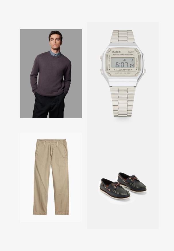 Pullover striktrøje i dyb lilla, strikket tekstur, rund hals, ribbede manchetter og kant, lagd over en lyseblå skjorte med krave, parret med mørke bukser.; Beige lige ben chinos med bæltestropper, frontknap og lynlås lukning samt skrå frontlommer.; Marine læderbådssko med gul syning, røde snørebånd og sølv øjer; rund tå; hvid gummisål.; Digital Casio ur med et rektangulært sølv rustfrit stålkasse, beige skive, sort display, metal link armbånd og vandafvisende funktioner.