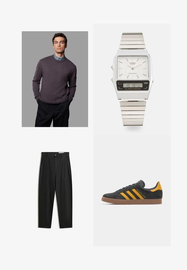 Pullover sweater in deep purple, knit texture, round neck, ribbed cuffs and hem, layered over a light blue collared shirt, paired with dark trousers.; Black cotton trousers with a relaxed fit, featuring a classic waistband, front pleats, and side pockets. Smooth texture without patterns.; Black suede sneaker with yellow accents, featuring three stripes and a brown rubber sole. Includes a padded tongue for comfort.; Silver Casio quartz watch with a rectangular face, textured white dial, analog hands, digital display, and a metal link band. Water-resistant.