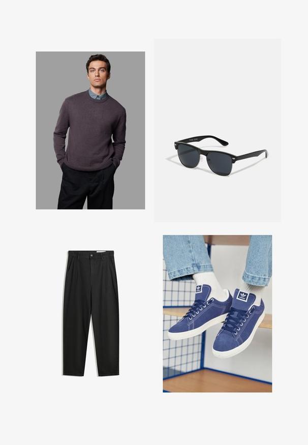 Sweter w kolorze głębokiej purpury, o dzianinowej fakturze, okrągłym dekolcie, z prążkowanymi mankietami i dołem, nałożony na jasnoniebieską koszulę z kołnierzykiem, zestawiony z ciemnymi spodniami.; Czarne bawełniane spodnie o luźnym kroju, z klasycznym pasem, przednimi plisy oraz bocznymi kieszeniami. Gładka struktura, bez wzorów.; Granatowe sneakersy Adidas wykonane ze zamszu, z białymi gumowymi podeszwami, okrągłymi noskami i naszywką z logo na języku. Widoczne jasnobiałe skarpetki.; Czarne okulary przeciwsłoneczne o prostokątnym kształcie, ciemnych soczewkach, srebrnych akcentach na zausznikach oraz matowym wykończeniu oprawki.