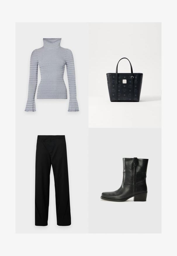 Jasnoszary i biały sweter z prążkowanym kołnierzem typu golf z długimi rękawami i subtelnymi, rozszerzającymi się mankietami na białym tle.; Czarne szerokie spodnie w paski z unikalnym złożonym wzorem w talii i gładką teksturą. Charakteryzują się mistrzowskim rzemiosłem i nowoczesnymi detalami.; Czarne skórzane botki za kostkę z okrągłym noskiem, słupkowym obcasem, bocznym zamkiem i przeszyciami na cholewce. Gładka tekstura, klasyczny design.; Czarna skórzana torba typu tote o fakturowanym wykończeniu, z podwójnymi uchwytami i akcentem w postaci kwadratowego logo. Zewnętrzna część pokryta jest wzorem monogramu.