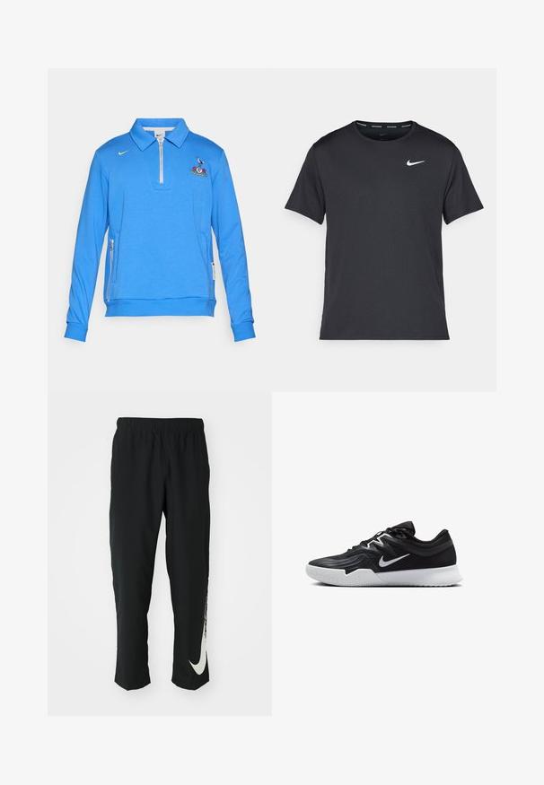 Blue pullover sweatshirt made of soft material, featuring a zip collar, embroidered logo on the chest, and side zip pockets.; Black Nike running T-shirt made of lightweight, breathable material, featuring short sleeves and a small white logo on the chest.; Black athletic pants with elastic waistband, tapering design, featuring a large white Nike logo on the left leg. Soft, lightweight fabric.; Black athletic shoe with a textured upper, white Nike swoosh, and a white rubber outsole. Features a lace-up design and dynamic shape.