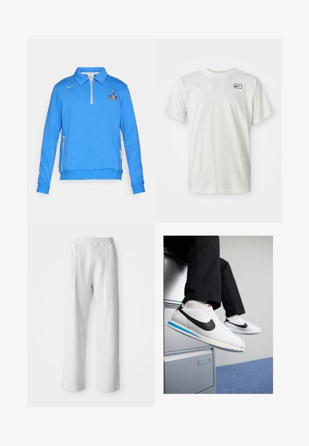 Blue pullover sweatshirt made of soft material, featuring a zip collar, embroidered logo on the chest, and side zip pockets.; White cotton T-shirt with short sleeves, featuring a navy Nike logo embroidered on the left chest. Standard crew neck design.; White casual pants with an elastic waistband and large front patch pockets, displayed on a plain light background.; White leather sneakers with a black Nike swoosh, light blue and grey rubber sole, and classic lace-up design. Feet resting on a filing cabinet.