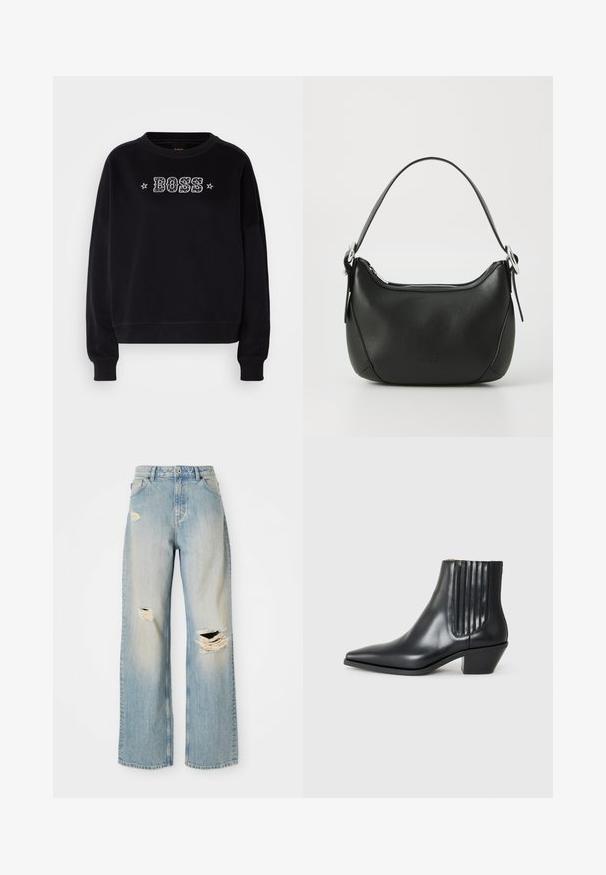 Must mustaga, millel on ringkrae ja pikad varrukad. Ees on tikitud "BOSS" logo ja tähe aksendid.; Heledad sinine sirge jala teksad, kõrge vöökohaga, vööaasadega ning kulumisega rebendid vasakul reiel, paremal põlvel ja vasaku jala alumises osas.; Must kõva nahast ankle boot terava varbaga, elastsete külgpanelide ja vertikaalsete soontega ning madala ploki kontsaga. Sile tekstuur ja stiilne disain.; Must mustast nahkaga kott, millel on kaarjas kuju, hõbedane tõmblukk ja lühike käepide. Ees on peen logo ning kott on sileda tekstuuriga.