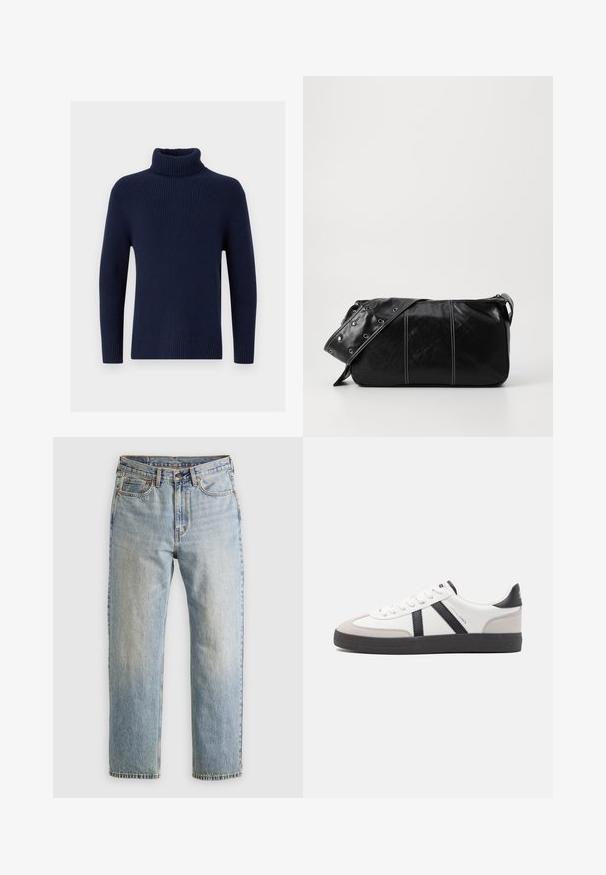 Mornarsko modra turtleneck jopica, izdelana iz rebraste pletenine. Ima dolge rokave in prilegajoč ovratnik. Gladka tekstura, minimalni okrasi.; Svetlo modri džins hlače z visokim pasom, sprednjim gumbom, zadrgo in petimi žepi, laid flat na nevtralni podlagi.; Bela športna obutev z črnimi in sivo akcenti, z teksturirano sivo kapico za prste, črnim gumijastim podplatom in ravnimi belimi vezalkami. Čista zasnova, minimalistični slog.; Črna usnjena torba za ramo z zadrgo, ki ima teksturirano telo, belo šivanje in trak s srebrnimi luknjami.