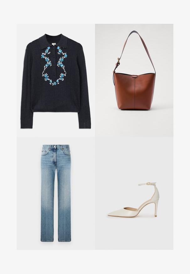 Suéter de manga larga de canalé en color navy con cuello de polo, botones en el frente y bordado floral azul y blanco en el pecho.; Jeans de pierna recta azul claro, hechos de denim, con un ligero desvanecimiento, diseño clásico de cinco bolsillos y cierre de botón de metal en la cintura.; Zapato de tacón alto de cuero blanco con punta afilada, correa en el tobillo y un delgado tacón de aguja. Textura lisa con un sutil acabado brillante.; Bolso de hombro de cuero marrón con forma curva, textura suave y una única correa delgada. Presenta una costura sutil y un pequeño detalle del logo.