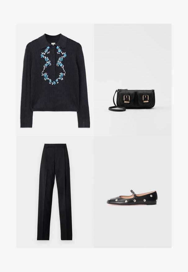 Granatowy sweter z długim rękawem o żeberkowej strukturze, z kołnierzykiem polo, guzikami z przodu oraz niebiesko-białym haftem kwiatowym na klatce piersiowej.; Czarne spodnie wykonane z gładkiego materiału, z wysokim stanem, szerokimi nogawkami, fałdami z przodu i klasycznymi szlufkami na pasek. Brak widocznych kieszeni bocznych.; Czarne skórzane buty typu Mary Jane na płaskim obcasie z zaokrąglonym czubkiem, ozdobione srebrnymi okrągłymi ćwiekami oraz regulowanym paskiem z klamrą.; Czarna skórzana torba na ramię z dwoma przednimi kieszeniami, złotymi klamrami, zamkiem błyskawicznym i cienkim paskiem. Teksturowana powierzchnia i kompaktowy prostokątny kształt.