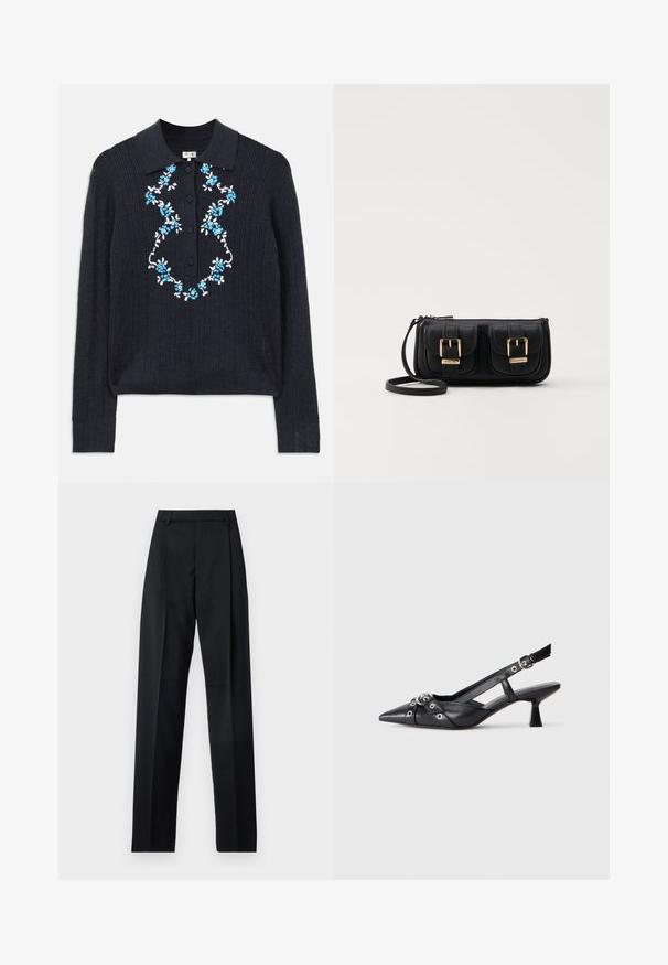 Jūras spēku tumši zils, ribota, garenapļa džemperis ar polo apkakli, priekšējām pogām un zilo un baltu ziedu izšuvumu uz krūšdaļas.; Melnas bikses, izgatavotas no gludas auduma, ar augstu vidukli, platiem bikšu galdniekiem, priekšējiem krokām un klasiskām jostu cilpām. Sānu kabatas nav redzamas.; Melnas ādas šlipsveida kurpes ar norādītu purngalu, dekoratīvām joslām ar metāla acīm un zemu bloku papēdi. Teksturēta virsma.; Melnas ādas crossbody soma ar divām priekšējām kabatām, zelta sprādzēm, ar rāvējslēdzēju aizdari un šauru siksnu. Strukturēta virsma un kompakta taisnstūra forma.