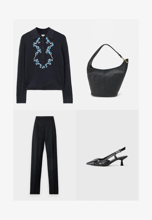 Námornícky pruhovaný sveter s dlhým rukávom, s golierom polo, prednými gombíkmi a modro-bielou kvetinovou výšivkou na hrudníku.; Čierne nohavice vyrobené z hladkej látky s vysokým pásom, širokými nohavicami, prednými záhybmi a klasickými pútkami na opasok. Žiadne bočné vrecká nie sú viditeľné.; Čierne kožené slingback topánky s špicatou špičkou, ozdobnými popruhmi s kovovými očkami a nízkym blokovým podpätkom. Textúrovaný povrch.; Čierna kožená kabelka zaobleného tvaru, so širokým popruhom a textúrovaným povrchom. Obsahuje jemný šev a zlaté kovanie.