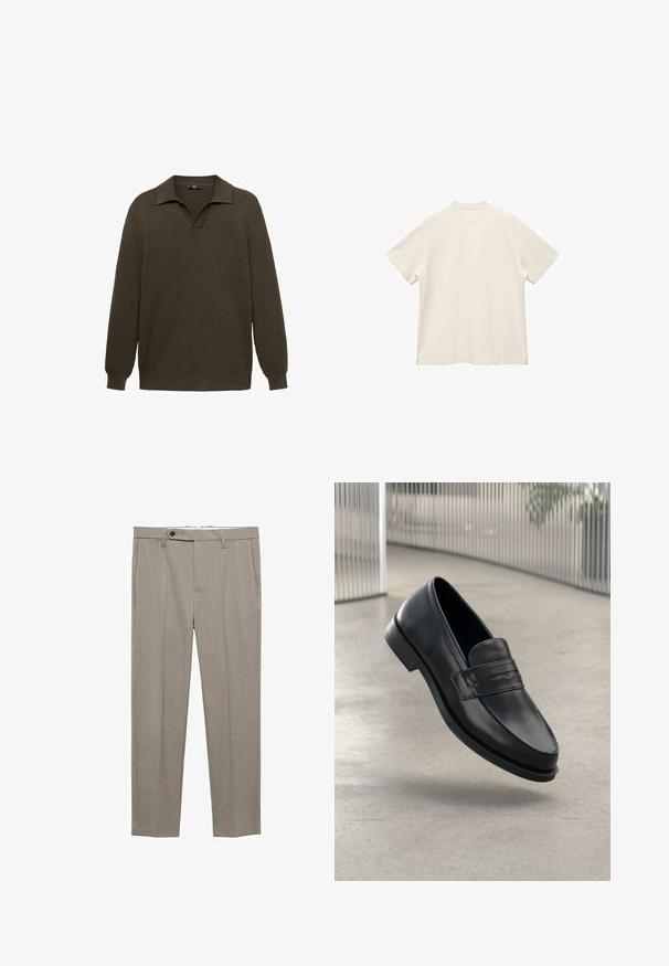 Olivově zelený pletený svetr s límcem ve tvaru V, dlouhými rukávy, ribbenou strukturou a volným střihem. Žádné výrazné vzory ani akcenty nejsou viditelné.; Tričko s krátkým rukávem a kulatým výstřihem z měkké off-white látky, s hladkou texturou a bočními rozparky pro uvolněný střih.; Béžové kalhoty na míru s hladkou texturou, rovného střihu a jedním zapínáním na knoflík vepředu. Obsahují boční kapsy a čistý lem.; Černá kožená mokasína s hladkou texturou, špičatou špičkou a ozdobným páskem přes nárt. Lehká podrážka, minimalistický design.