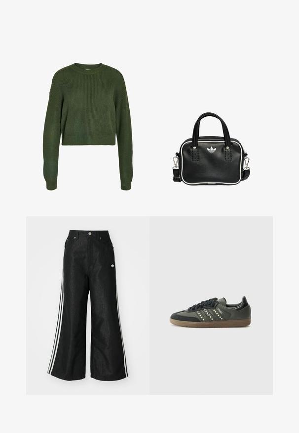 Olivgrön kortad tröja med ribbat mönster, rund halsringning och långa ärmar. Har en avslappnad passform och stickat mönster genom hela.; Svarta vida denimbyxor med tre vita ränder på varje sida och en liten vit logotyp. Har framfickor och knäppning med knapp.; adidas Originals SAMBA OG - Sneakers - core black/legend earth/gum; Svart läderhandväska med två korta handtag, silverfärgade detaljer, vita accenter och en vit logotyp. Har en texturerad yta och en kompakt design.