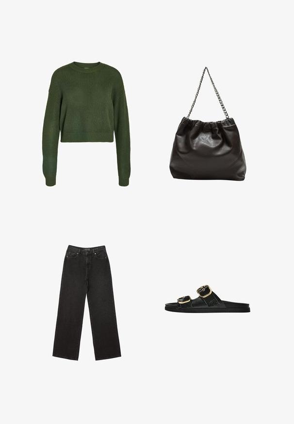 Olivově zelený zkrácený svetr s žebrovanou texturou, kulatým výstřihem a dlouhými rukávy. Má volný střih a pletený vzor po celé ploše.; Černé široké džíny vyrobené z denimu, s malými tečkovanými vzory, klasickým pětikapsovým designem a zapínáním na knoflík a zip.; Černé kluzné sandály s dvěma zlatými sponami, hladkým texturovaným materiálem, plochou podrážkou a minimalistickým designem.; Hnědá kožená taška se sbíraným vrškem a řetízkovým popruhem. Hladký povrch s lesklým finišem a jemným švem na bocích.