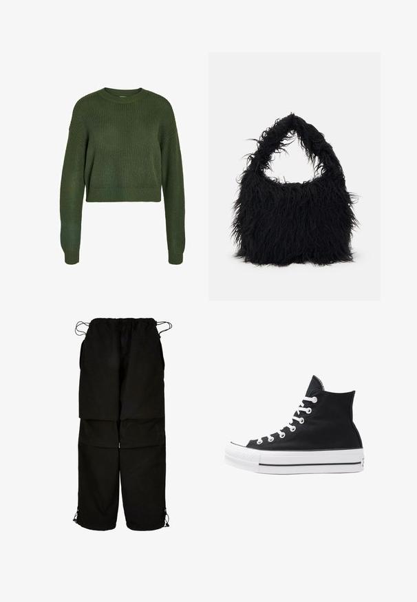 Olivengrønn kortermet genser med ribbestruktur, rund hals og lange ermer. Har en avslappet passform og strikket mønster gjennom hele plagget.; Sorte bukser laget av lett stoff, med justerbar midje og snøring i jeanshemsene. Designet med en løs, oversized passform og flere lommer.; Høye svarte kanvas-sneakers med hvite øyler, snører og gummisåle. Har en teksturert tåhette og svarte og hvite striper som detaljer.; Even&Odd Shoppingveske - black