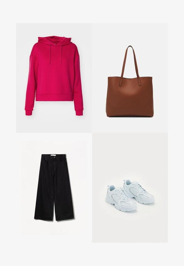 ONLY Play ONPLOUNGE LIFE - Sweat à capuche - granita; Bershka WIDE-LEG - Wide Leg - black; Basket de sport bleu clair avec une tige en mesh et synthétique, ornée de pois blancs et d'accents réfléchissants, au design à lacets et avec des semelles rembourrées.; Sac fourre-tout en cuir marron avec une texture lisse, design à ouverture supérieure et deux poignées pour le porter à l'épaule. Présente des coutures minimales et aucun matériel visible.