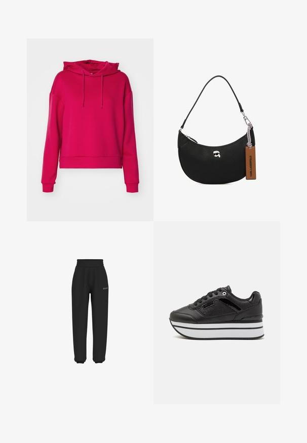 ONLY Play ONPLOUNGE LIFE HOOD - Mikina s kapucňou - granita; Čierne tepláky vyrobené z mäkkého materiálu s elastickým pásom a manžetami; na oblasti bedra sa nachádza diskrétny logo.; Čierne platformové tenisky s textúrovaným syntetickým vrchom, biele horizontálne pruhy na medzipodrážke a čierne šnúrky. Obsahujú jemné logo akcenty.; Čierna kožená kabelka s textúrou jemných bradavíc, zakriveným tvarom, horným zipsom, striebornými kovaniami a hnedou visačkou. Má akcent v podobe loga.