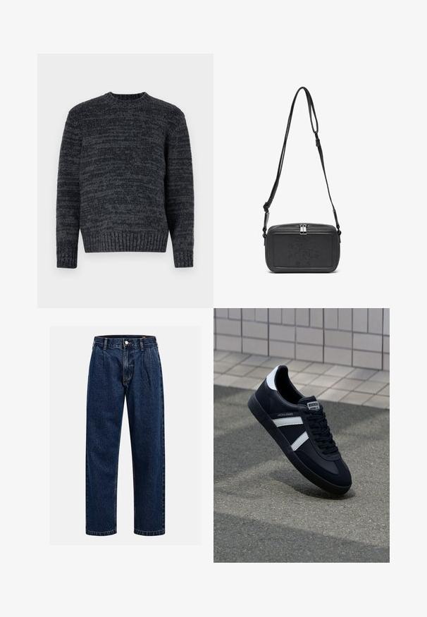 Maglione lavorato a maglia grigio scuro con scollatura rotonda, maniche lunghe e polsini a coste. Presenta un motivo testurizzato su tutta la superficie.; Jeans in denim blu scuro con design a gamba dritta. Presentano cuciture visibili, una chiusura con bottone e pieghe frontali per un tocco di dettaglio in più.; Sneaker neri in pelle con strisce bianche, suola in gomma texturizzata e allacciatura frontale. Presenta un'etichetta con il marchio sulla linguetta.; Borsa a tracolla nera in pelle con chiusura zip, logo impresso sul davanti e tracolla regolabile. Texture liscia con forma rettangolare.