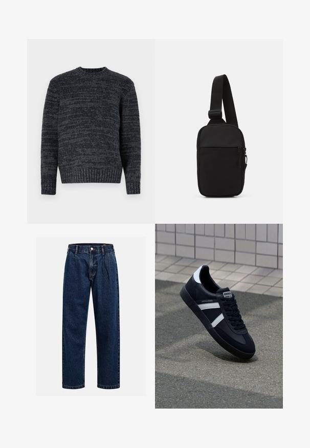 Dark gray knitted sweater with a round neckline, long sleeves, and ribbed cuffs. Features a textured pattern throughout.; Dark blue denim jeans with a straight-leg design. Features visible stitching, a button closure, and front pleats for added detail.; Black leather sneaker with white stripes, textured rubber sole, and lace-up front. Features a branded label on the tongue.; Black crossbody bag made of durable fabric, featuring a single adjustable strap, a zippered main compartment, and a front pocket.
