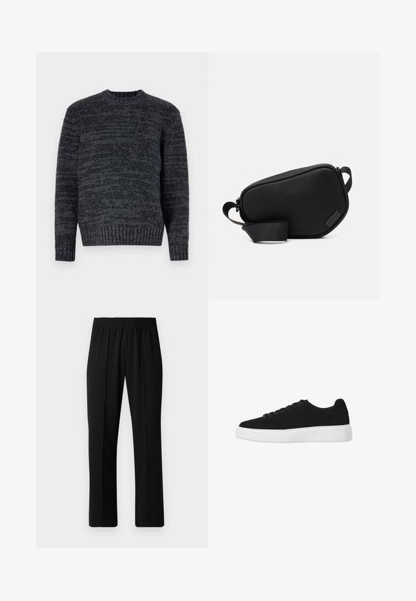 Pull en tricot gris foncé avec un col rond, des manches longues et des poignets côtelés. Présente un motif texturé sur l'ensemble.; Pantalons noirs à taille élastique avec une coupe droite, présentant une texture lisse et sans motifs ni éléments visibles.; Baskets en suède noir avec un bout rond, un laçage à l'avant et une semelle en caoutchouc blanche. Design simple avec des accents minimaux et une texture lisse.; Sac en bandoulière noir, zippé, en matériau lisse, avec une forme plate, une seule sangle et un petit logo en accent. Design minimaliste.